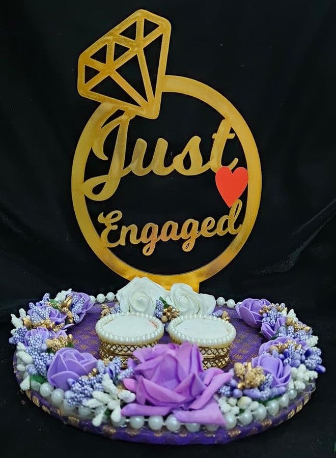Mridang Handmade Just Engaged Engagement Ring tray ring holder platter with beautiful Floral work(anniversary/engagement/wedding ring platter/Decorative Tray/Marriage Decor) Lavender theme color - Image 1